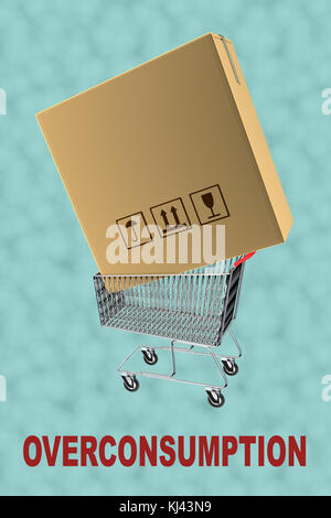 3D illustration of 'OVERCONSUMPTION' title with a big cartoon in a supermarket cart as a background Stock Photo