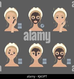 Applying facial mask steps. Ways to apply Stock Vector