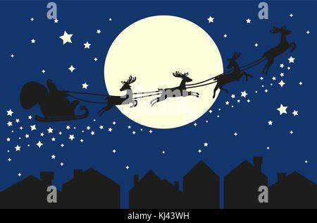 Santa Claus in sleigh. Silhouette on blue sky Stock Vector