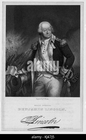 Engraved three quarter length portrait of Major General Benjamin Lincoln, American army officer who served as a major general in the Continental Army during the American Revolutionary War, he is notable for being involved in three major surrenders during the war, standing in full uniform, holding a piece of paper, 1831. From the New York Public Library. Stock Photo