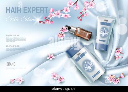 Hair cosmetic ad shampoo moisturizing conditioner serum. Light blue silk fabric water liquid drop flower sakura cherry blossom.3d realistic package mock up poster banner template vector illustration Stock Vector