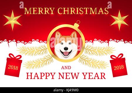 Happy New Year 2018 and Merry Christmas with Akita Inu Dog. Vector Holiday Banner with Merry Christmas Greeting in Golden and Red Color. Golden Shinin Stock Vector
