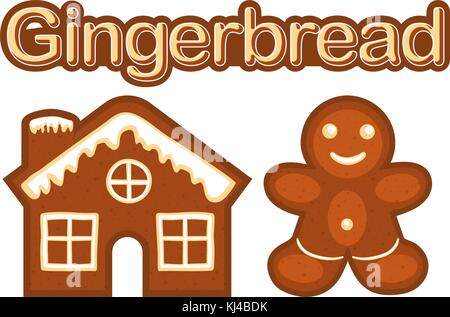 Xmas ginger bread cookie man and house colorful bright poster. Stock Vector
