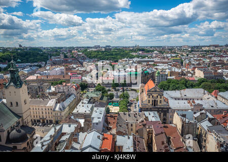 Aerial view from the tower of Town Hall on the Old Town of Lviv city, largest city in western Ukraine with Latin Cathedral and former Jesuit Church Stock Photo