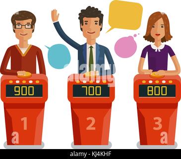 Quiz show, game concept. Players answering questions standing at stand with buttons. Vector flat illustration Stock Vector