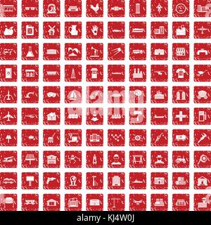100 industry icons set grunge red Stock Vector