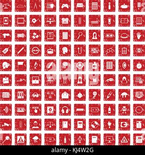 100 information icons set grunge red Stock Vector