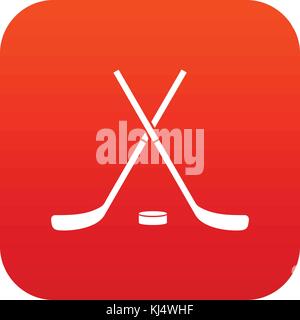 Crossed hockey sticks and puck icon digital red Stock Vector