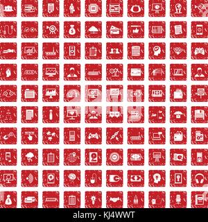 100 IT business icons set grunge red Stock Vector