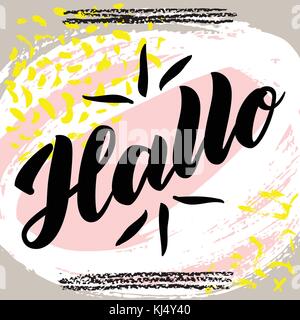 Hallo. Word hello, good day in German. Fashionable calligraphy. Vector illustration on abstract colorful background. Hand-drawn lettering. Stock Vector