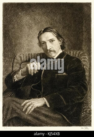 Robert Louis Stevenson (1850-1894) British author best known for his bestselling books ‘Treasure Island’, ‘Kidnapped’ and the ‘Strange Case of Dr Jekyll and Mr Hyde.’ Illustration by William Brassey Hole (1846-1917). Stock Photo