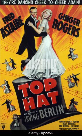 An illustrated color poster for the 1935 film 'Top Hat', the movie featured actors Fred Astaire and Ginger Rogers, it also contained music by Irving Berlin, the poster features Astaire and Rogers dancing together on a large top hat, smaller images of them dancing and musical notes appear on the poster, 1935. From the New York Public Library. Stock Photo