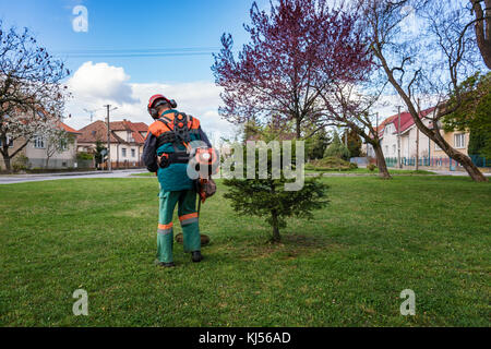 Man in overall and safety helmet trims overgrown grass by grass cutter Stock Photo