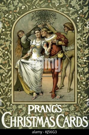 A full color illustration that serves as an advertisement for Prang's Christmas Cards, a man and a woman link hands that are holding holly in order to create an archway, another man and woman are holding hands and walking under the archway created by the other couple, all four people are shown to be in front of a fireplace, the edge of the card is bordered by an illustration of holly leaves and berries, 1900. From the New York Public Library. Stock Photo