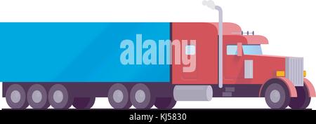 american rig big truck red color with a blue trailer cargo. delivery and logistics service concept Flat style isometry, isolated on white background. Stock Vector