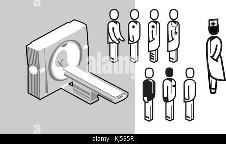 Computer tomography scanner and clinical staff icons. Icometric Perspective Filled Vector Illustration. Stock Vector