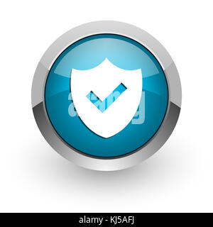 Shield blue silver metallic chrome border web and mobile phone icon on white background with shadow Stock Photo