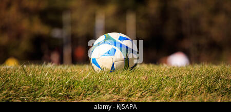Football ball in the middle of a field ready to be kicked. Blurred nature background. Stock Photo