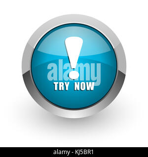 Try now blue silver metallic chrome border web and mobile phone icon on white background with shadow Stock Photo