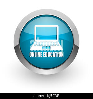 Online education blue silver metallic chrome border web and mobile phone icon on white background with shadow Stock Photo