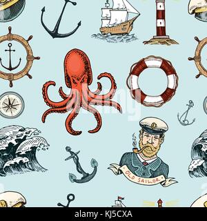 Marine and nautical or sea, ocean emblems. seamless pattern. set of engraved vintage, hand drawn, old, labels or badges for a life ring, a cannon ball, a captain with a pipe. Stock Vector