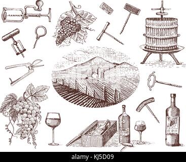 wine harvest products, press, grapes, vineyards corkscrews glasses bottles for menus and signage in the bar. engraved hand drawn in old sketch, vintage style for label or T-shirt. Stock Vector