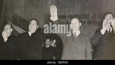 Photograph of Leonid Brezhnev (1906-1982) the General Secretary of the Central Committee of the Communist Party of the Soviet Union, with Alexander Dubcek (1921-1992) a Slovak politician and brief leader of Czechoslovakia. Dated 20th Century Stock Photo
