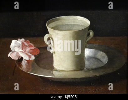 Painting titled 'Cup of Water and a Rose on a Silver Plate' by Francisco de Zurbarán (1598-1664) a Spanish painter best known for his religious paintings and still-life's. Dated 17th Century Stock Photo