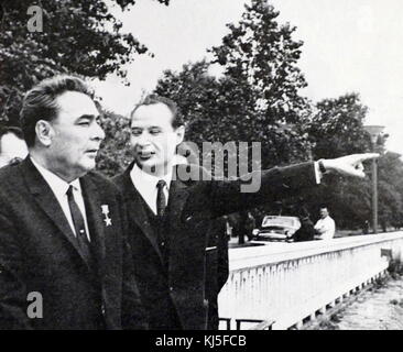 Photograph of Leonid Brezhnev (1906-1982) the General Secretary of the Central Committee of the Communist Party of the Soviet Union, with Alexander Dubcek (1921-1992) a Slovak politician and brief leader of Czechoslovakia. Dated 20th Century Stock Photo