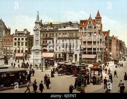 Early colour photochrom view of Dam Square in Amsterdam, Netherlands 1900 Stock Photo