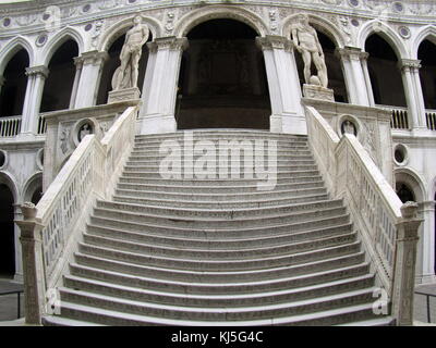 ceremonial staircase dating to 1485, built within the courtyard of the Doge's Palace (Palazzo Ducal) built in Venetian Gothic style, and one of the main landmarks of the city of Venice in northern Italy. Stock Photo