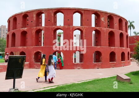 Jantar Mantar, in New Delhi, India, consists of 13 architectural astronomy instruments. Built by Maharaja Jai Singh II of Jaipur, from 1723 onwards, as he was given by Mughal emperor Muhammad Shah the task of revising the calendar and astronomical tables. The primary purpose of the observatory was to compile astronomical tables, and to predict the times and movements of the sun, moon and planets. Stock Photo