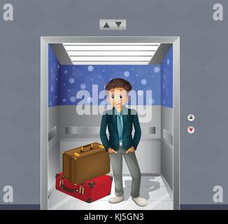 Illustration of a boy with two travelling bags inside the elevator Stock Vector
