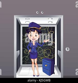 Illustration of a flight stewardess inside the elevator Stock Vector
