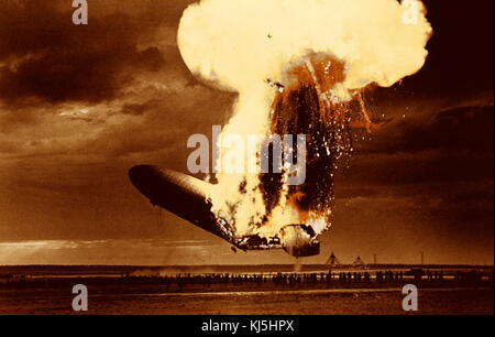 The Hindenburg disaster occurred on May 6, 1937, as the German passenger airship LZ 129 Hindenburg caught fire and was destroyed during its attempt to dock with its mooring mast at Naval Air Station Lakehurst in Manchester Township, New Jersey, United States Stock Photo