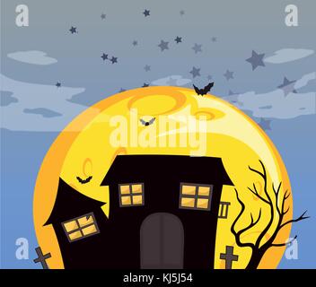 Illustration of a haunted house and the bright full moon Stock Vector