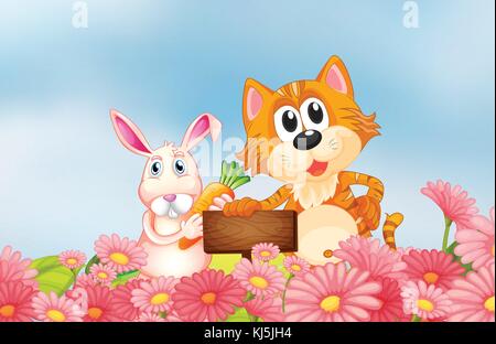Illustration of a bunny holding a carrot and a cat holding an empty signboard Stock Vector