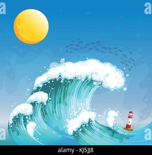 Illustration of a big wave with a tower Stock Vector
