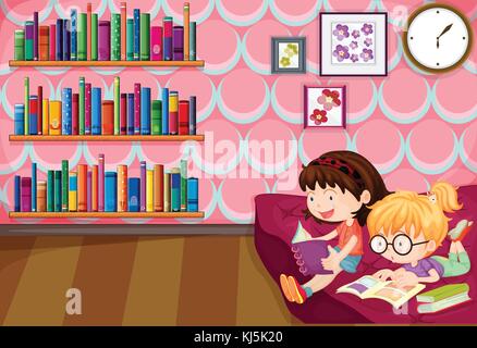 Illustration of the two girls reading inside the house Stock Vector