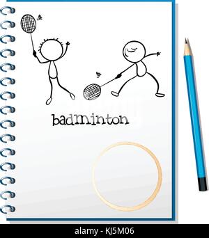 Illustration of a notebook with an image of two people playing badminton on a white background Stock Vector