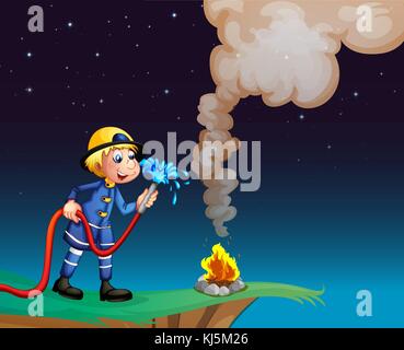 Illustration of a fireman holding a water hose Stock Vector