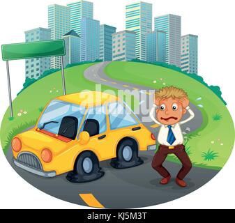 Illustration of a car accident in the curve road near the empty signboard on a white background Stock Vector