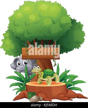 Illustration of a turtle and an elephant under the big tree with a wooden signboard on a white background Stock Vector