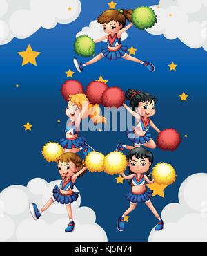 Illustration of the five cheerdancers dancing with their pompoms Stock Vector