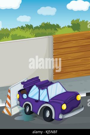 Illustration of a violet car bumping the wall Stock Vector