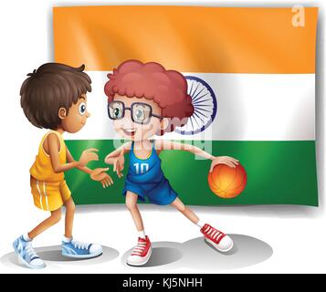 Illustration of the two boys playing basketball in front of the Indian flag on a white background Stock Vector
