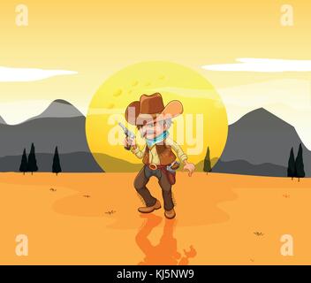 Illustration of a desert with an armed cowboy Stock Vector