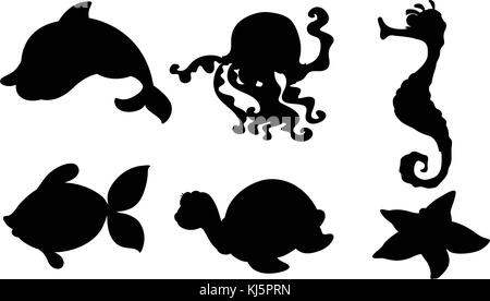 Illustration of the silhouettes of the different sea creatures on a white background Stock Vector