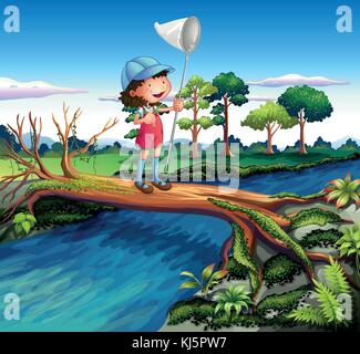 Illustration of a girl holding a butterfly net crossing the river Stock Vector