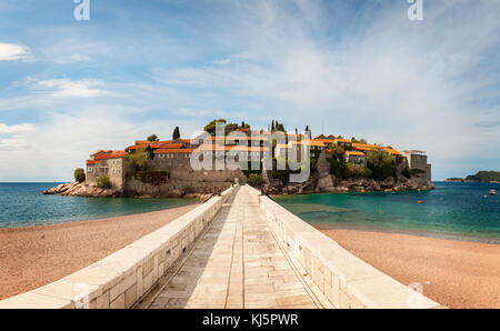 Man made path to the village island of Sveti Stefan, Montenegro. Stock Photo